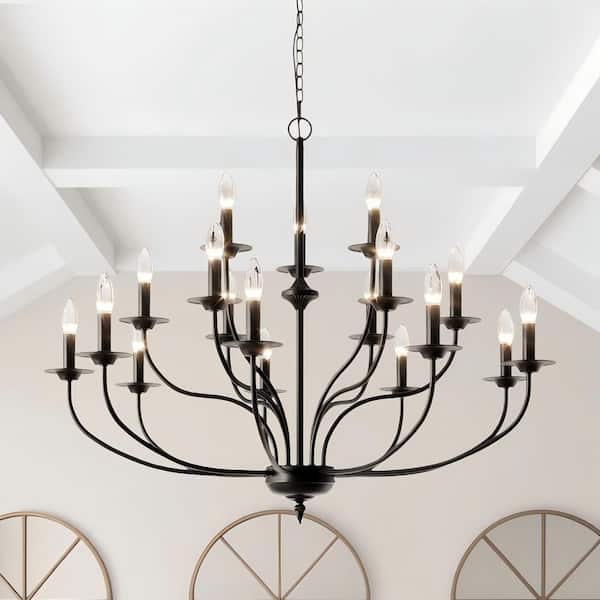 18-Light 43 in. Black Iron Vintage Candle Dimmable Chandeliers Dining Kitchen Ceiling Lights Foyer Bedroom Lighting