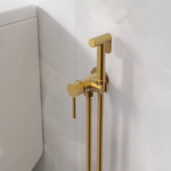 1-Handle Hot and Cold Bidet Faucet Solid Brass Body, Ceramic Cartridge with Wall Mount Holder in Brushed Gold