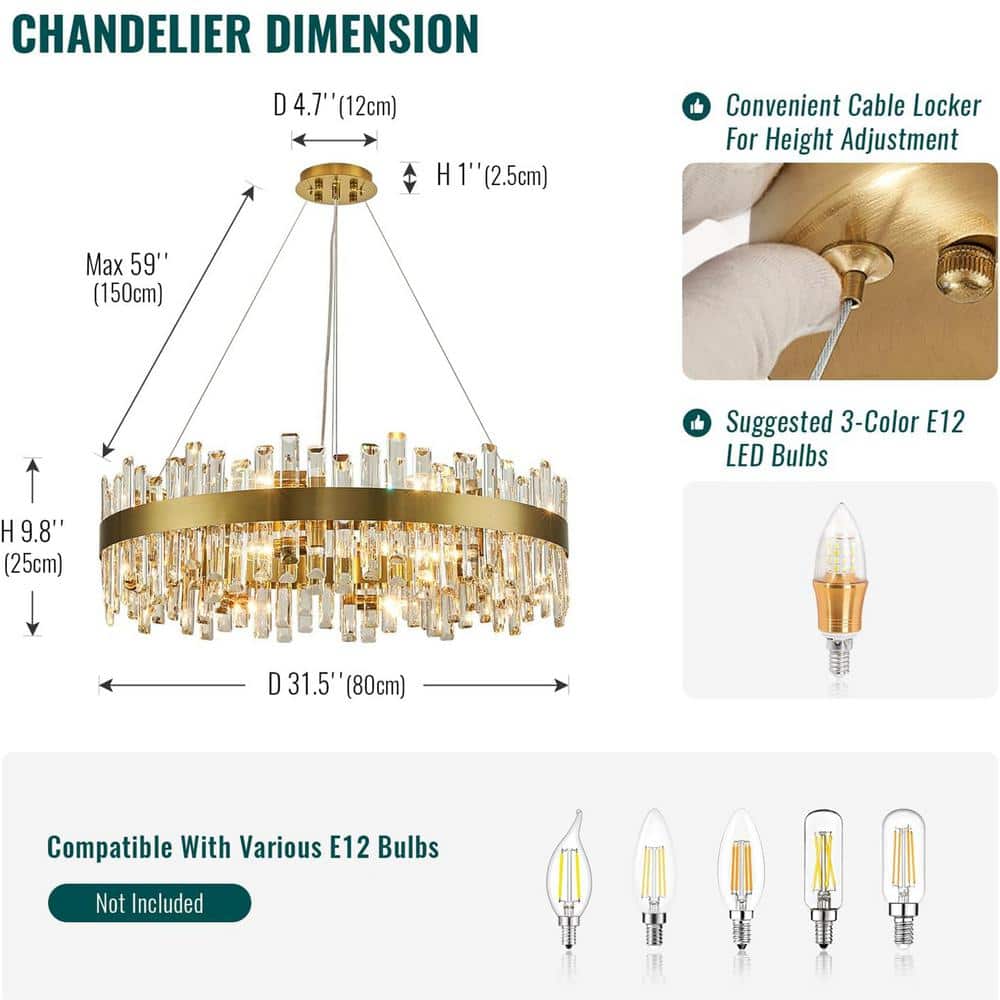 Gold Brass 16-Light Crystal 2-Tier Round Chandelier