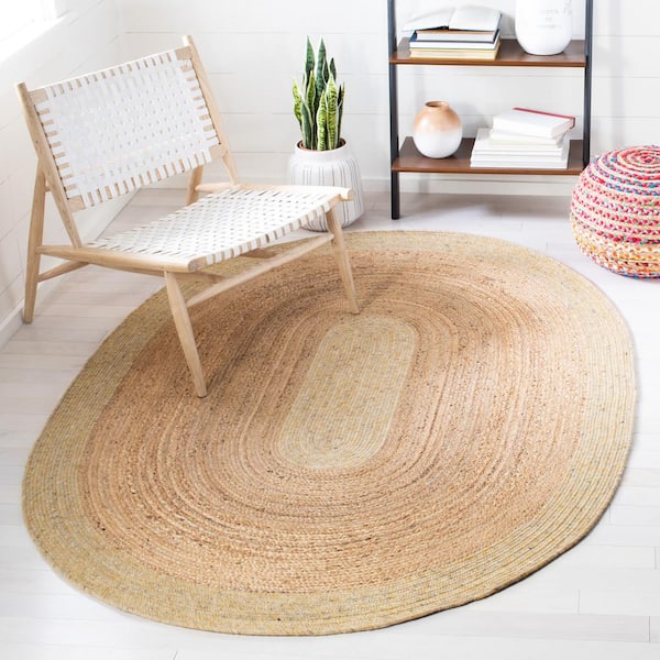 Braided Gold/Natural 5 ft. x 7 ft. Oval Solid Border Area Rug
