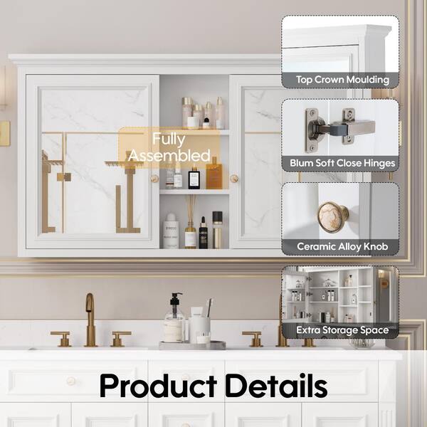WELLFOR V1 Solid Wood 55-in x 35-in Surface Mount White Mirrored Soft Close Medicine Cabinet