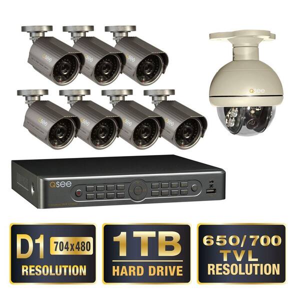 Q-SEE Premium Series 8-Channel Full D1 1TB Video Surveillance System with (7) Hi-Res 900 TVL Cameras and (1) Pan Tilt Camera