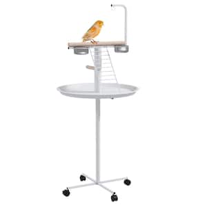 Bird Stand, Parrot Stand with Wheels, Perches, Stainless Steel Feed Bowls, Round Tray, Bird Play Stand, White