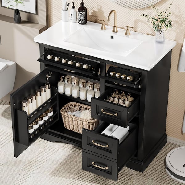 36 in. Single Sink Freestanding Black Bath Vanity with White Ceramic Top and 4 Drawer Storage Cabinet Unassembled