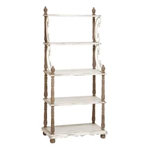 75 in. 5 Shelf Wood Stationary White Scroll Shelving Unit with Brown Spindle Sides and Ball Feet