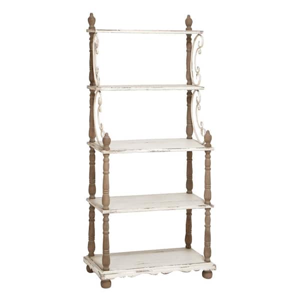 Litton Lane 75 in. 5 Shelf Wood Stationary White Scroll Shelving Unit with Brown Spindle Sides and Ball Feet