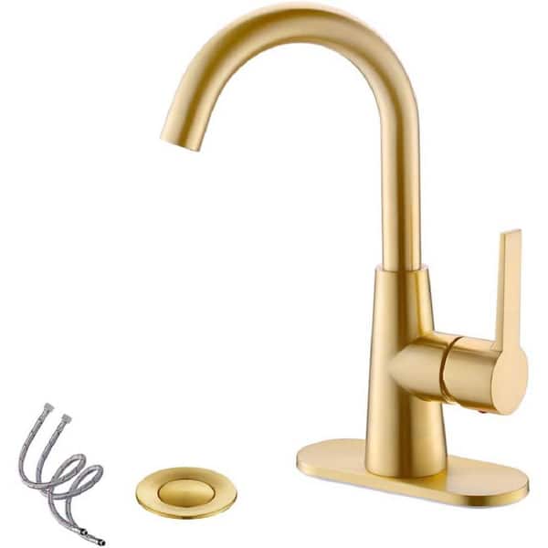 Phiestina 4 in. Centerset Single Handle Bathroom Faucet with Deck Plate and Supply Hoses in Brushed Gold