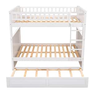White Full Over Full Bunk Bed Frame with Twin Size Trundle, Wood Bunk Beds with Guard Rails and Ladders for Kids