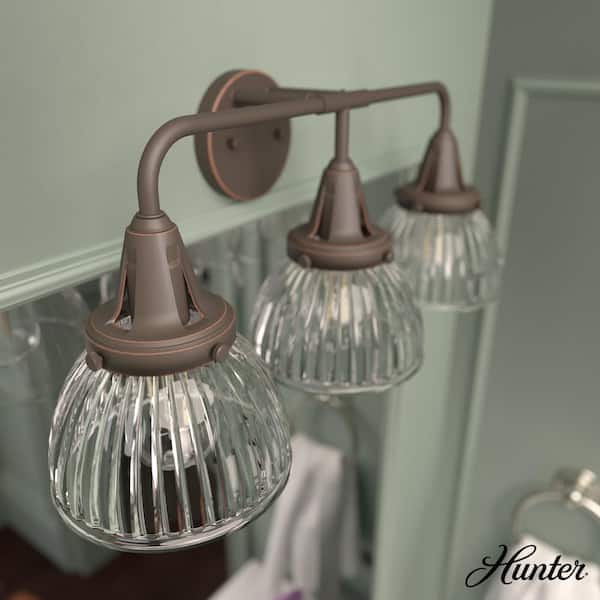 Hunter Cypress Grove 24.25 in. 3 Light Onyx Bengal Vanity Light with Clear Holophane Glass Shades Bathroom Light