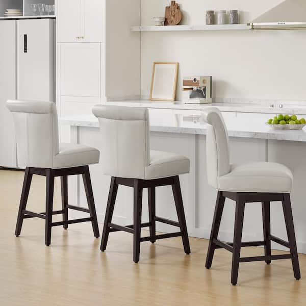 Spruce & Spring Dennis 26 in. Light Gray High Back Solid Wood Frame Swivel Counter Height Bar Stool with Faux Leather Seat(Set of 3)