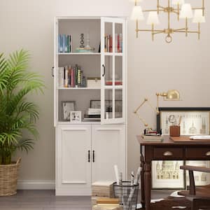 White Wooden MDF Accent Storage Cabinet, Sideboard, Food Pantry with 4 Tempered Glass Doors and 5 Shelves