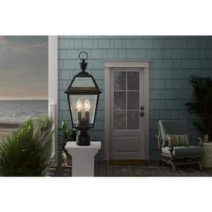 Glenneyre 22.5 in. W 2-Light Matte Black French Quarter Gas Style Outdoor Post Mount Light with Clear Class