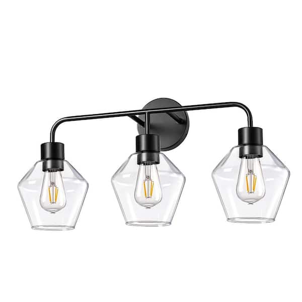 24 in. 3-Light Matte Black Vanity Light with sophisticated 5-Sided Clear Glass Shade