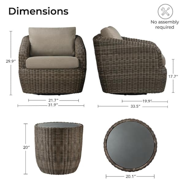 美品　3 Chairs 3LP Spruce & Spring Elspeth 3 Pieces Grey Fabric Wicker Swivel