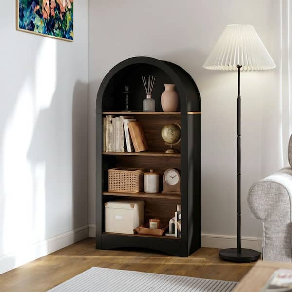 Modern 47.24 in. Tall Black Wood MDF 4-Shelf Arched Accent Bookcase Display Storage Cabinet