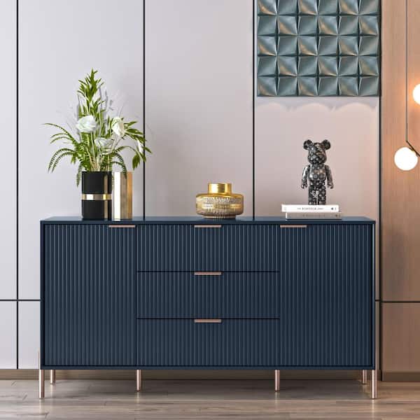 FESTIVO Modern Elegance Navy 3-Drawers with 2-Adjustable Shelves Cabinet 58 in. Wild Dresser with Stylish Rose Gold Metal Handle
