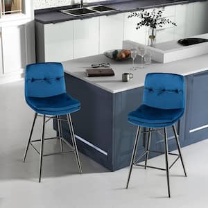 28.5 in. Metal Blue Low Back Velvet Bar Stools Bar Height Kitchen Dining Chairs with Metal Legs Set of 2