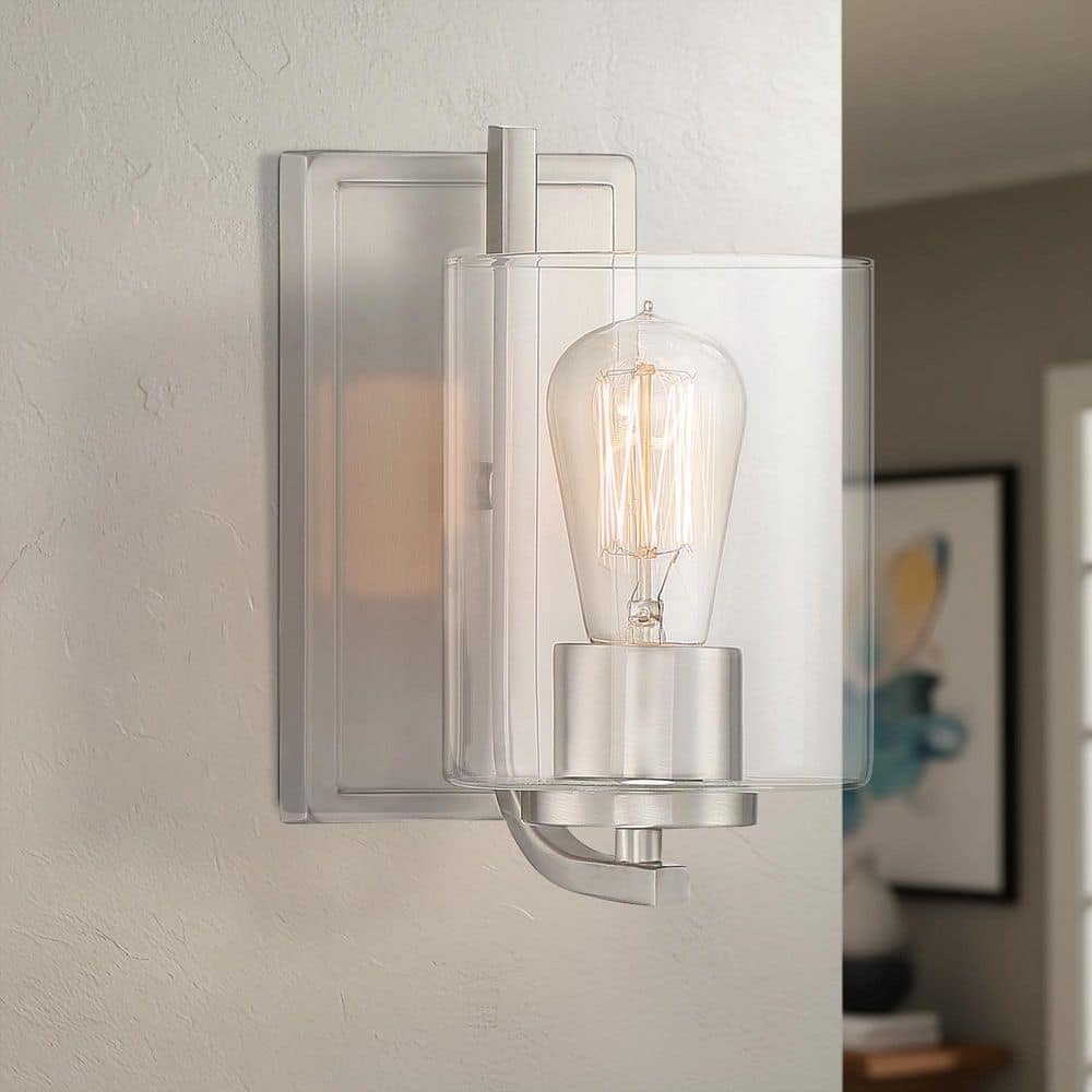 Liam 5 in. 1-Light Satin Platinum Industrial Wall Sconce with Clear Glass Shade price history on PriceWatchPro
