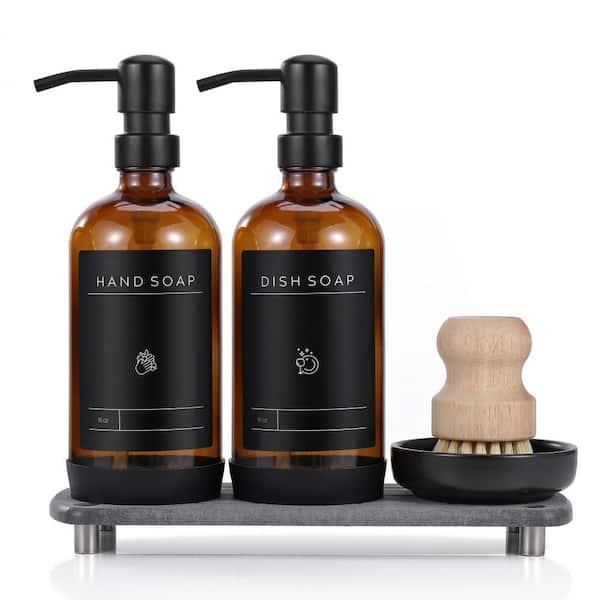 16 oz. Dish Soap Dispenser Set with Stainless Steel Pump, Dry Tray, Silicone Pad, Labels and Brush, Amber Glass Bottle