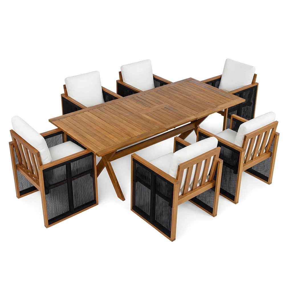 Moore 7-Piece Rectangle Teak Solid Wood Top Outdoor Dining Table Set with Cream Cushion and Black Handwoven Cord Seats 6 price history on PriceWatchPro