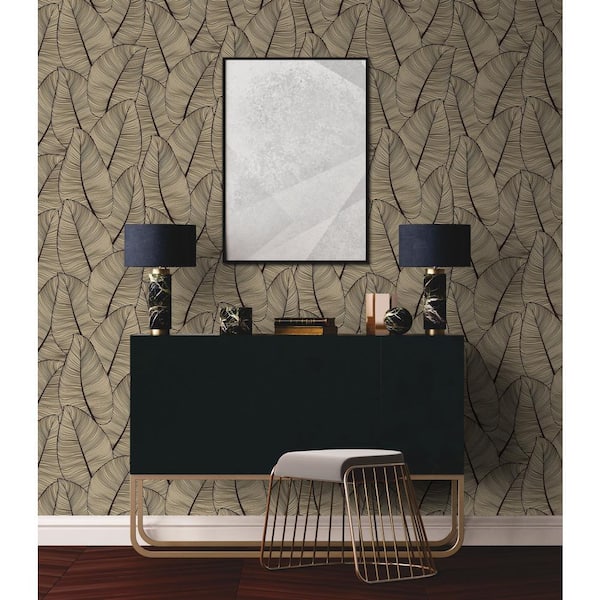 Modern Metallic Leaf Gold and Black Vinyl Peel and Stick Strippable Wallpaper Roll (Cover 30.75 sq. ft. )