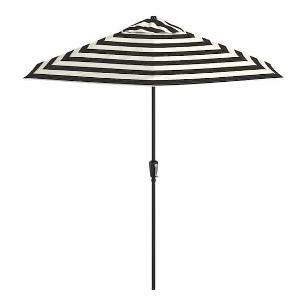 9 ft. Aluminum Pole Black Patio Umbrella, Push Button Tilt and Crank Lift, Solstice Olefin Fabric in Black White Cabana