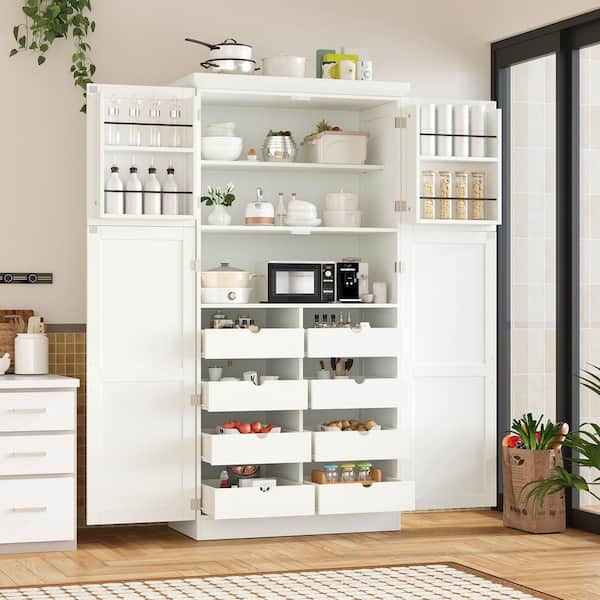 White 70.9 in. H 4 Doors Premium Storage Cabinet with 4 Long Handles‌, 8 Pull-out Trays and Adjustable Shelf