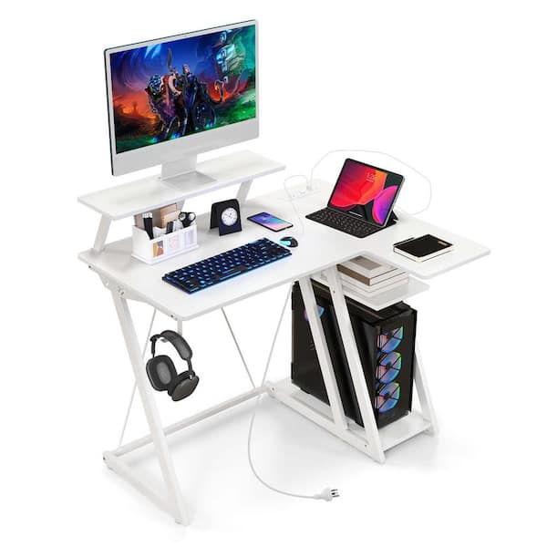 Costway 42.5 in. L-Shaped White Wood Desk with Outlets and USB Ports Monitor Shelf Headphone Hook