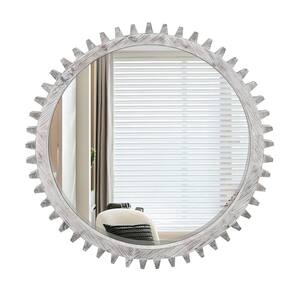 42 in. L x 42 in. W Gear-Shaped Vintage Solid Wood Framed Wall-Mount Bathroom Vanity Mirror in White Washed