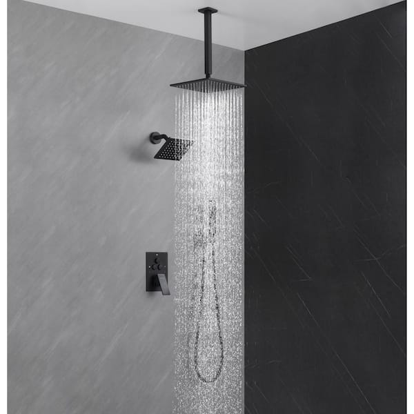 Single Handle 4-Spray Shower Faucet 1.8 GPM 10 in. Square Ceiling Mounted Shower with Pressure Balance in. Matte Black