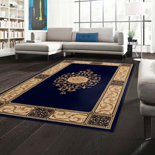Elegant-Medallion Midnight Blue 5 ft. x 8 ft. Border, Medallion, Scroll Polypropylene Area Rug