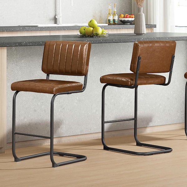 Art Leon Saisy 26.77 in. Seat Height Brown Faux Leather Counter Stools with Metal Frame, (Set of 2)