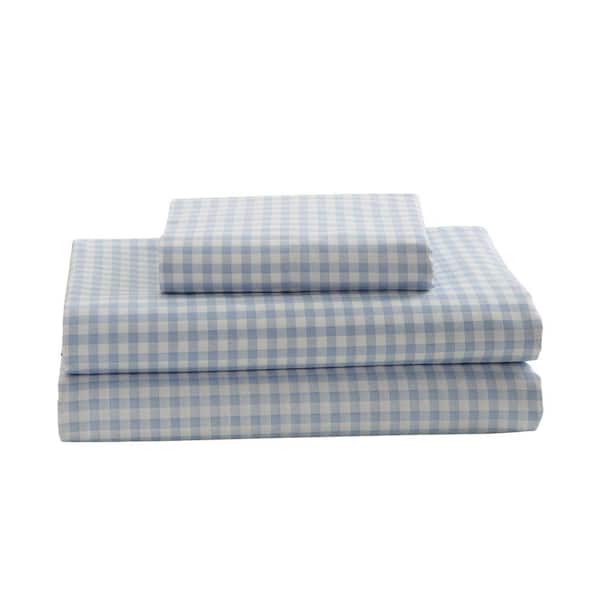 Gingham Plaid 4-Piece Blue 250TC Cotton Percale Full Sheet Set