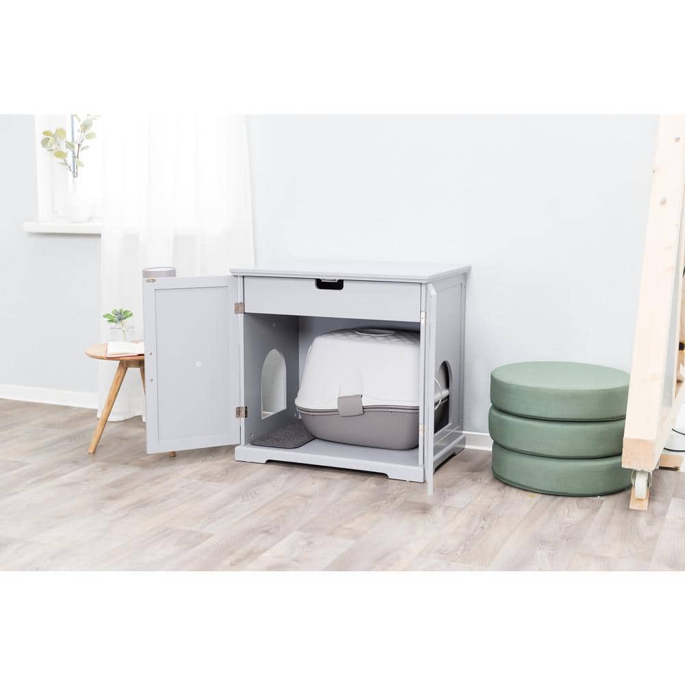 Gray Wooden Litter Box Enclosure with Storage Drawer