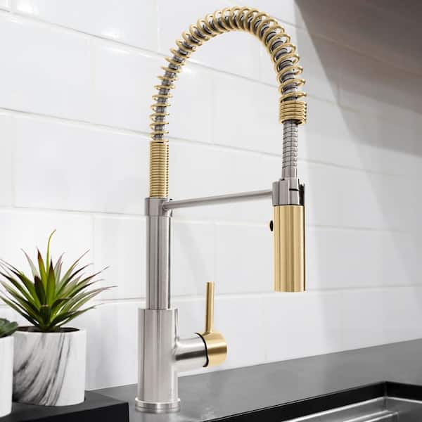 Autograph Edition 10.5 in. Sierra Pull Down Spring Single Handle Kitchen Faucet in Brushed Nickel and Champagne Bronze