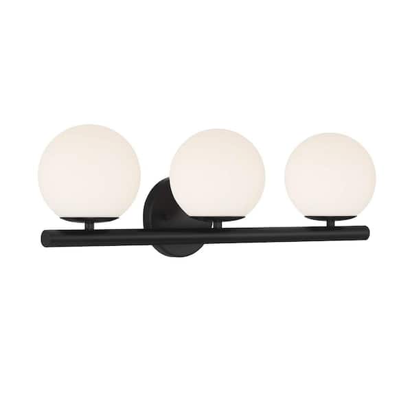 Designers Fountain Crown Heights 25 in. 3-Light Matte Black Modern Vanity Light with Etched Opal Glass Shades
