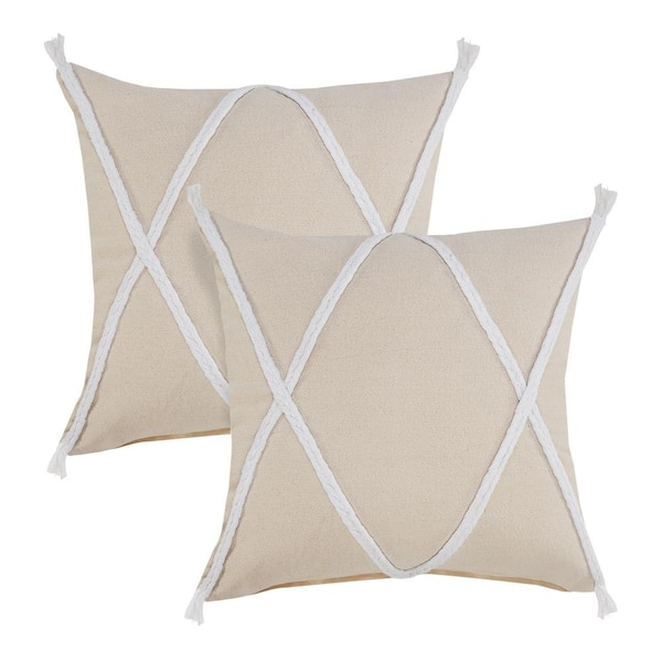 Unbranded Coastline Beige Bordered Hand-Woven 20 in. x 20 in. Indoor Throw Pillow Set of 2
