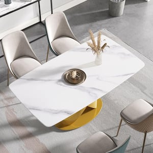 62.99 in. Modern Rectangular White Sintered Stone Dining Table with Golden Carbon Steel Legs