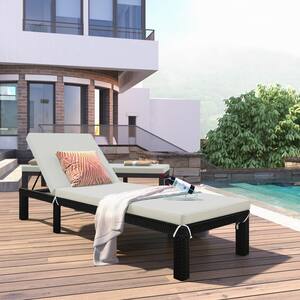 Black Wicker Outdoor Chaise Lounge with Beige Cushion Adjustable Sunbed Daybed