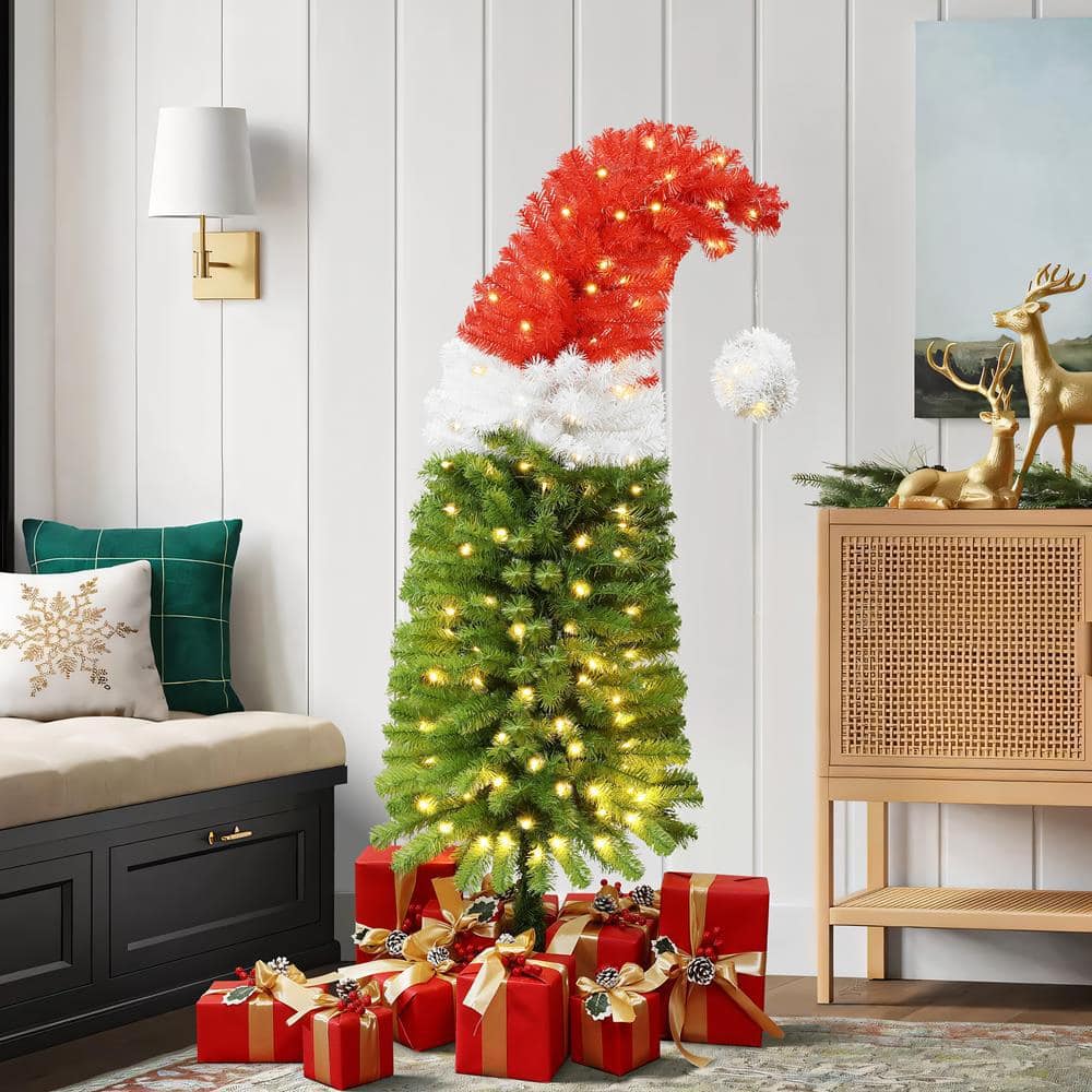 5-Foot Red, White, and Green Santa Hat Christmas Tree with LED Lights