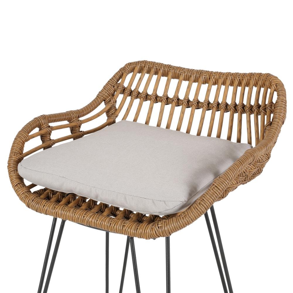Minimalist Black Iron & Beige Cushioned Outdoor Bar Stools, Set of 2