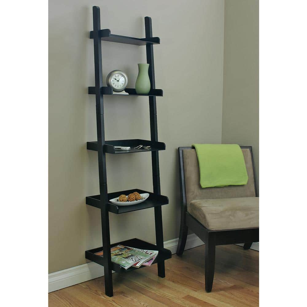 Hadfield 5-Tier Black Wood Leaning Ladder Shelf