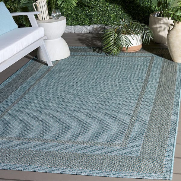 Courtyard 7 x 10 Aqua/Gray Border Area Rug