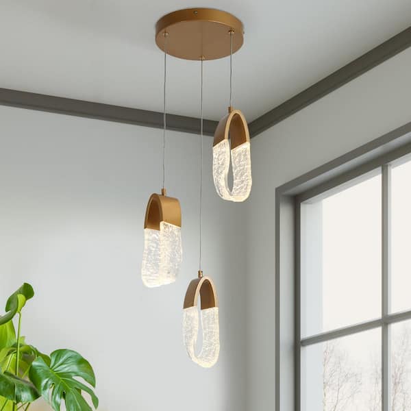 LNC Cleistocactus 3-Light Integrated LED Satin Gold Cluster Chandelier with Irregular Oval-Shaped Rings