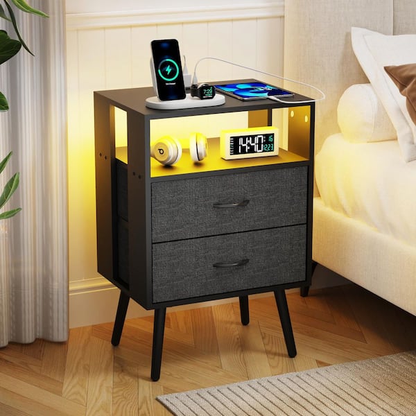 Black 2-Piece Modern Nightstand w/ Charging Station and LED Light, 2 Fabric Drawer Per Nightstand,End Table for Bedroom