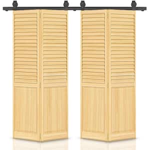 48 in. x 80 in. Half Louver Panel Solid Core Natural Wood Double Bi-Fold Barn Door with Sliding Hardware Kit
