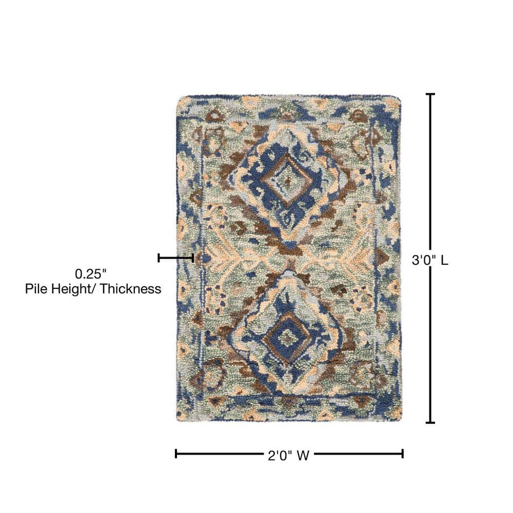 Handmade Rustic-Chic Blue Floral Wool Rectangular Rug