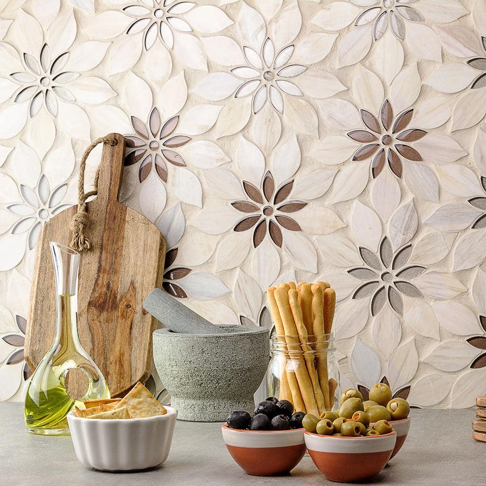 Thistle Ivory and Black Polished Marble Mosaic Tile Sheet