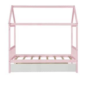 Funny Playhouse Series Pink Twin Size House Bed Wood Bed Frame with Roof, Wood Slat Support and Trundle for Kids