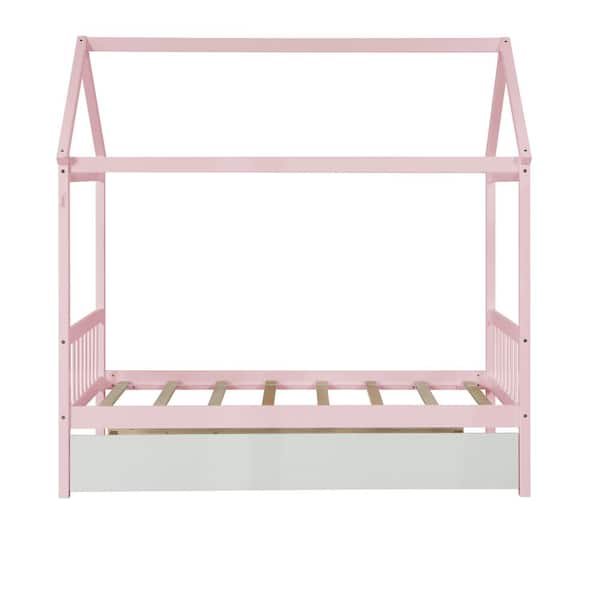 URTR Funny Playhouse Series Pink Twin Size House Bed Wood Bed Frame with Roof, Wood Slat Support and Trundle for Kids